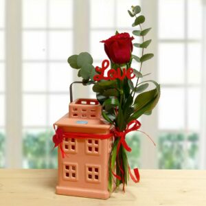 Lanterna in ceramica con 1 rosa rossa