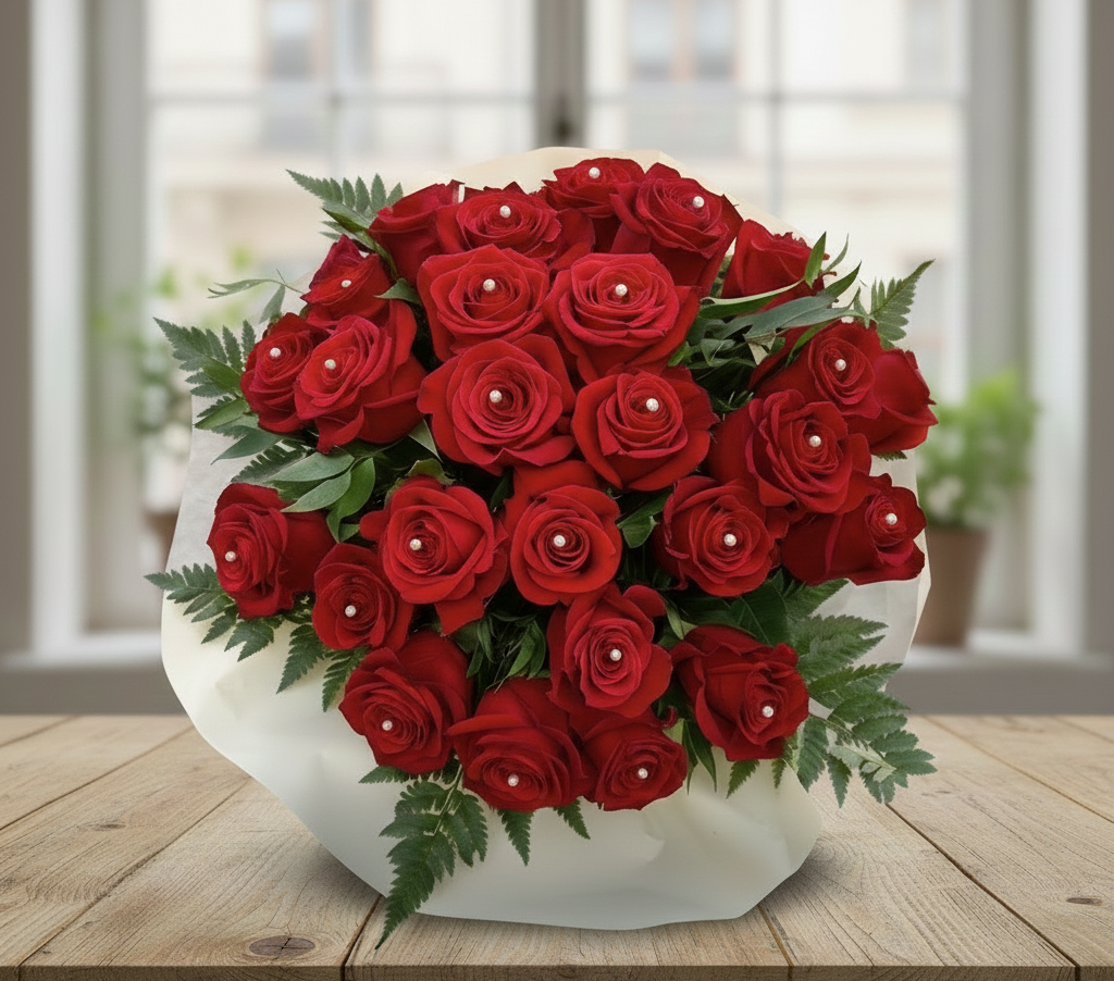 Bouquet di rose rosse "Pearl" in vaso di vetro, con dettagli perlati e confezione avorio, su tavolo in legno davanti a finestra sfocata.