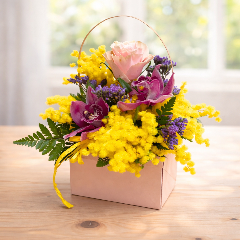 Composizione floreale Woman in box rosa con manico, contenente una rosa rosa, orchidee fucsia, mimosa gialla e fiori viola.