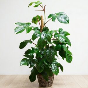 Pianta d'appartamento esotica di grandi dimensioni di Phyllotaenium lindenii (nota anche come Xanthosoma lindenii) con foglie verde scuro lussureggianti e venature centrali rosa. La pianta è alta, supportata da tutori di bambù e cresce da un cesto intrecciato di rattan su un pavimento in legno chiaro contro una parete bianca.